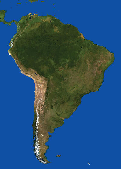 A satellite image of South America, showing the rugged and mountainous terrain. (Image from Wikimedia.)