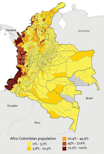 A map of populations densities shows that the Afro-Colombian population is concentrated on the coasts. (Image courtesy of OCHA Colombia.)