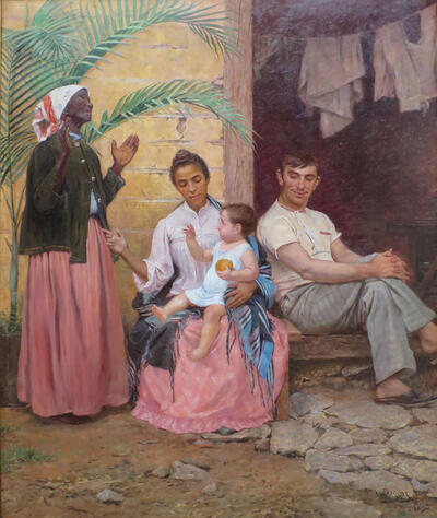 A Redenção de Cam (Redemption of Ham), an 1895 painting by Modesto Brocos, depicts a black grandmother, mulata mother, white father, and their quadroon child, as an allegory of blanqueamiento. (Image from Wikimedia.)