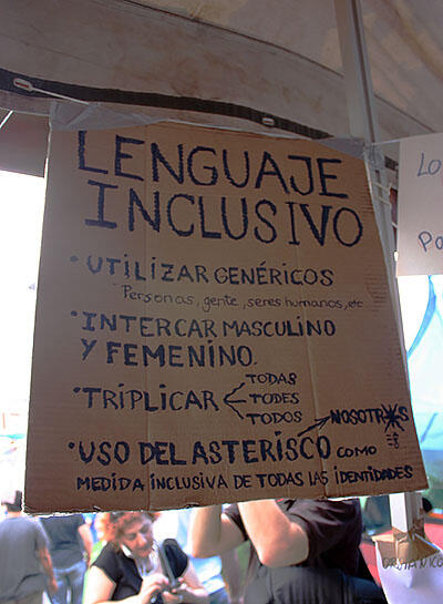 This sign in Spain asked for more inclusive language usage in 2011. (Photo by Brocco Lee.)