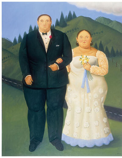 A couple in their best finery in "Country Wedding," 2009, oil on canvas, 180 x 142 cm. (Image courtesy of Fernando Botero.)