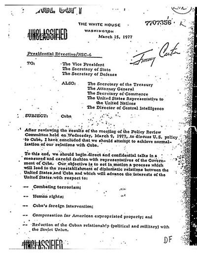 An scanned image of President Carter’s declassified 1977 directive to normalize U.S.-Cuba relations. (Image courtesy of Peter Kornbluh.)