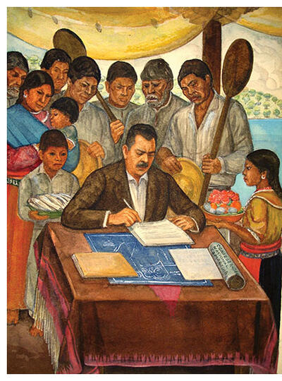A painting of Lázaro Cárdenas signing a dramatic land redistribution as Mexico’s president. (Photo by Jujomx.)