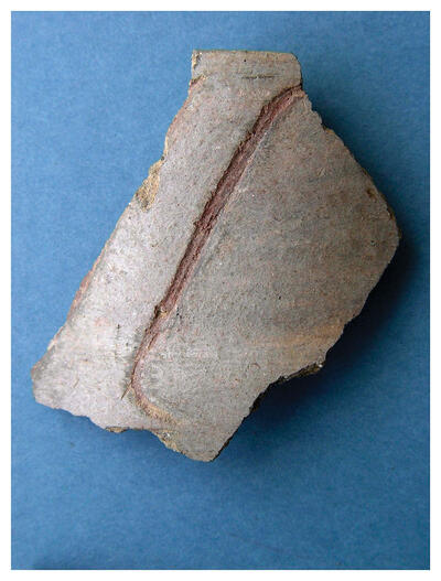 Testing on this orange potsherd was positive for theobromine. Puerto Escondido, ca. 1100-900 BCE. (Photo courtesy of John S. Henderson.)